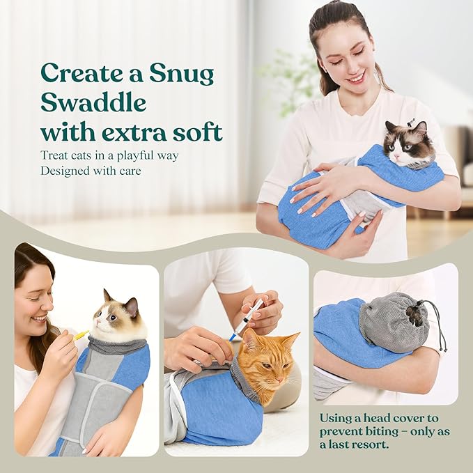 Supet Cat Grooming Wrap for Cutting Nails, Self-Adhesive Anti-Scratch Swaddle with Bite-Proof Mesh Hood & Thick Waist Strap Anti-Escape Bag for Nail Trimming, Medication, Ear Cleaning (Blue L)