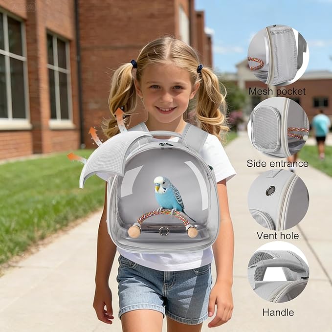 Small Bird Travel Backpack Carrier Cage, Backpack to Transport Backpack Carrier with Metal Tray Stand Perch for Parakeet Cockatiel Budgies Vet Carry Book Bag Grey