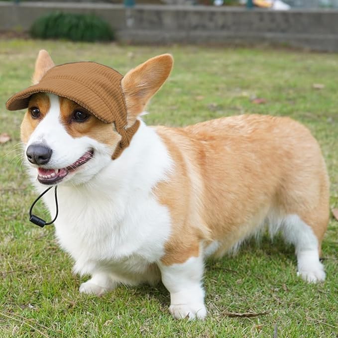 Dog Baseball Cap, Dog Cat Summer Beach Visor Hat with Ear Holes, Adjustable Puppy Sunbonnet Headdress (Brown, Large)
