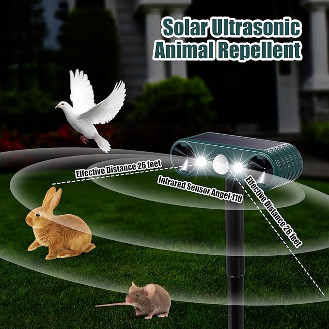 Qualirey 8 Pcs Solar Nocturnal Ultrasonic Light Animal Repeller Outdoor Deterrent with Pir Sensor Waterproof Deterrent Deer Repellent Devices to Repel Cat, Dog, Rabbit, Raccoon, Fox for Yard Garden