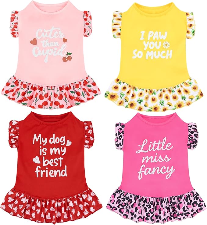 XPUDAC 4 Pack Cute Dog Dress for Small Dog, Floral Pet Clothes Sweet Girl Puppy Dress Colorful for Birthday Holiday Spring Summer Pet Outfits Skirt for Girls, XXS
