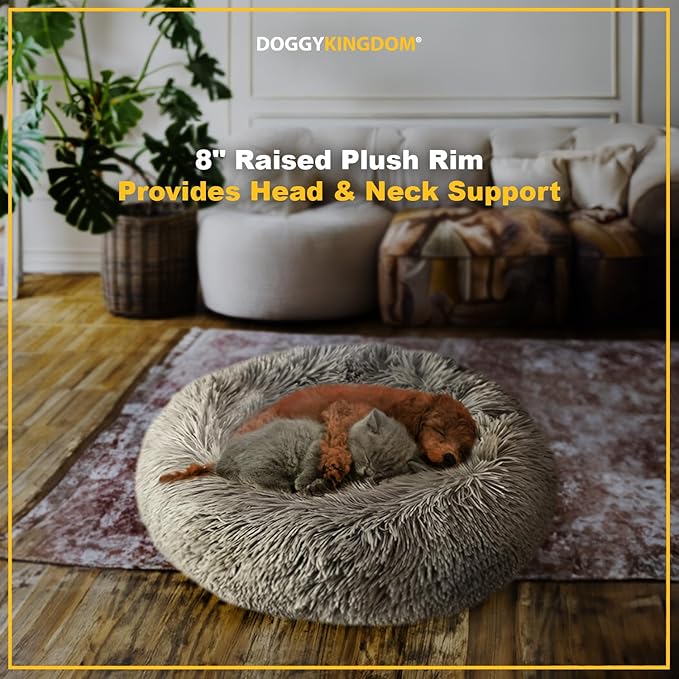Calming Round Donut Dog Bed Pillow, Washable, Anti Anxiety, Anti-Slip, Cozy Soft Cuddler Comfort Bed with Fluffy Plush Faux Fur for Large Medium Small Sized Dog - Gray, M 31 inch
