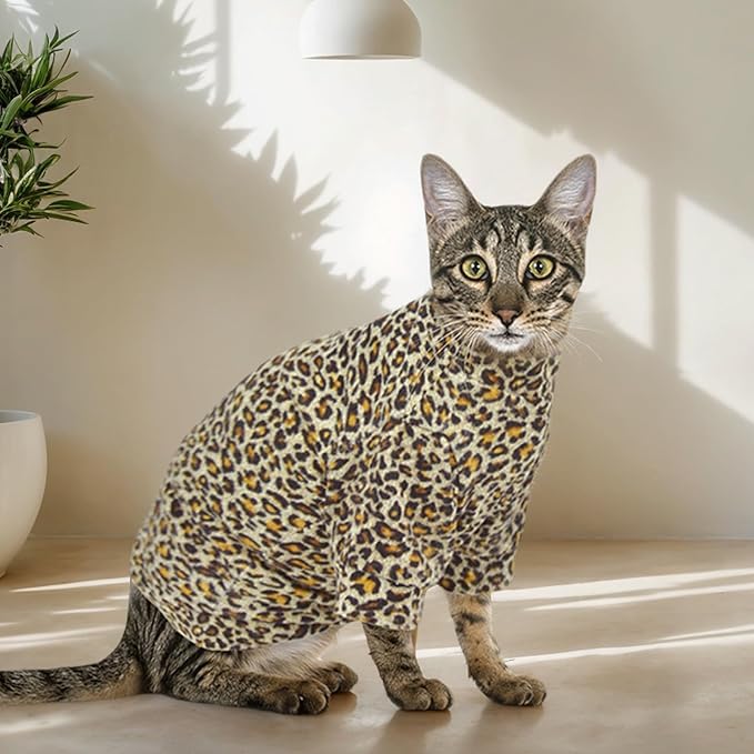 Sphynx Cat Sweater Leopard Hairless Cat Clothes Sweater Shirt Soft Warm Long Sleeves Pullover Pet Clothes Pajamas Dog Cloth for Small Dogs Jumpsuit Pet Sweaters (Leopard, Medium)
