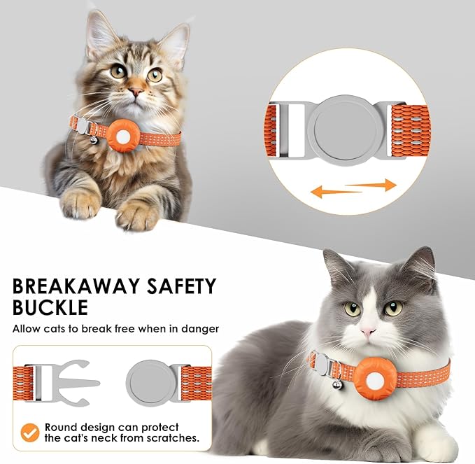 Cat Tracker, GPS Tracker Compatible with Apple Find My App(Only iOS), Waterproof Cat Tracker Collar with Bell and Safety Elastic Buckle, No Monthly Fee, Real-Time Location, Orange