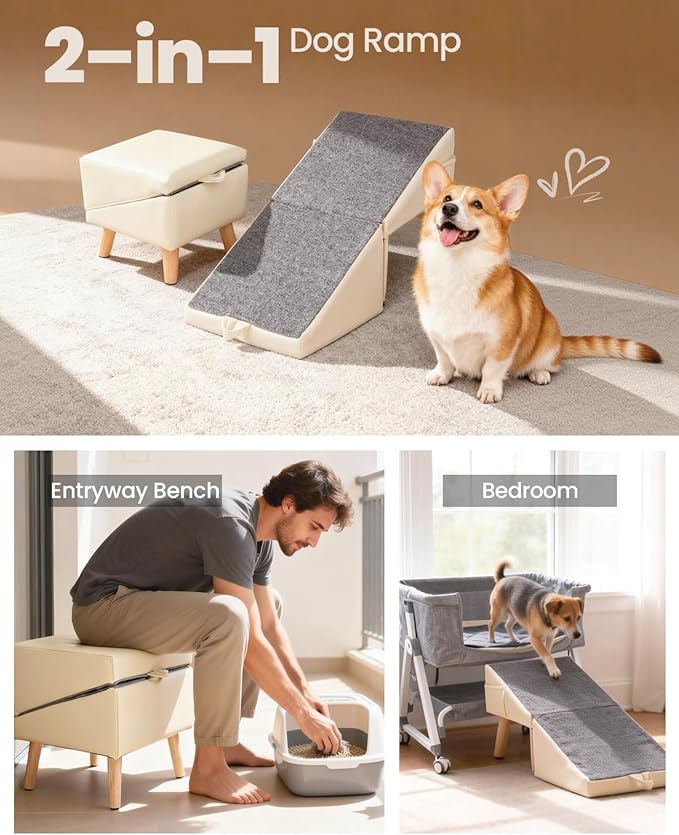 Dog Ramp for Couch & Bed, 2-in-1 Dog Stairs for Small and Medium Dogs & Cats, 16'' Indoor Pet Ramp with 23°Gentle Slope, Non-Slip Felt, Joint Protection for Senior & Injured Pets, Sturdy Ottoman-Style