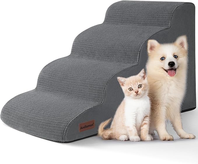 Dog Steps for Bed, 4-Step Dog Stairs Ramp for Small Dogs and Cats, Indoor Non-Slip Pet Stairs Suitable for Older, Short-Legged, and Puppy Dogs to Climb onto High Beds and Couch, 17.4" H,Grey