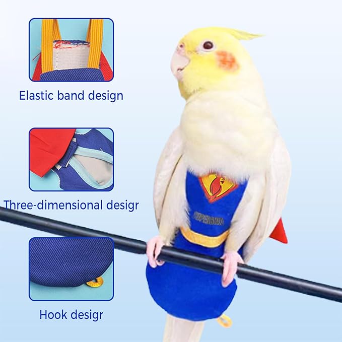 Bird Diaper Cockatiel Clothes Flight Suite, Reusable Parrot Nappy with Waterproof Inner Layer (Blue-S)