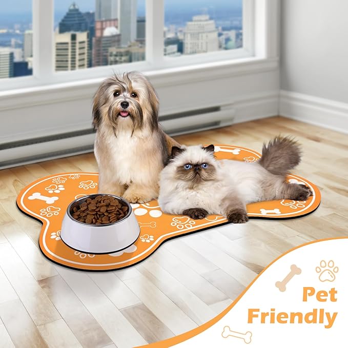 Dog Cat Mat for Food and Water,Rapid Absorbent Pet Feeding Mat, Bone Shaped Dog Placemat Bowl Mat with Rubber Backing,No Stains Pet Food Mats Indoor, Pet Accessories Supplies,Orange 23"×36"
