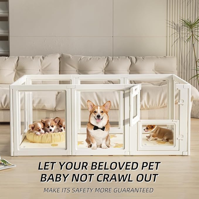Clear Acrylic Dog Playpen Indoor,Transparent Dog Pen,Easy to Assemble and Clear pet Pen for Puppy Dog, Rabbit and cat,Sturdy and Easy to Clean Plastic pet Fence (White, 23.6" H, 8PCS)