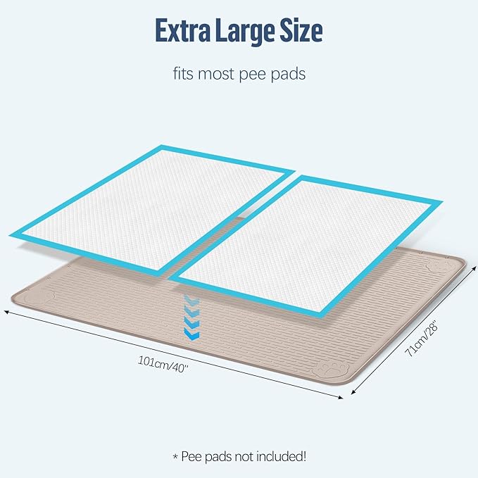 Pee Pad Holder for Dogs, 40" x 28" Silicone Pee Tray Mat Leak-Proof, High Edge, No Spill Pet Pad Holder for Puppy, Cat, Rabbit, Dog Training Pads for Home Floor Protection (Khaki)