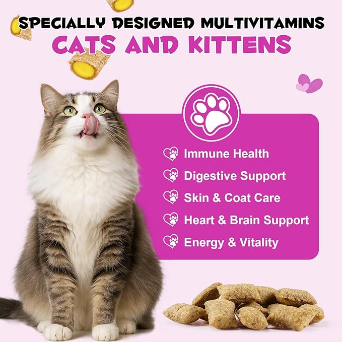 15-in-1 Multivitamin Cat Treats for Indoor Cats, Taurine, Omega Fatty Acids & Beta-Glucans Support Immune, Digestive, Skin & Coat Health – with Prebiotics & Essential Minerals | for Kittens&Adult Cats