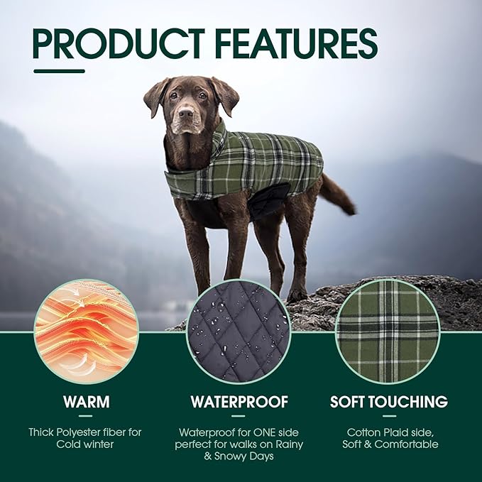 Kuoser Warm Dog Coat, Waterproof Dog Coats for X-Small Dogs, Adjustable Durable Doggie Winter Jacket Reversible Cozy Puppy Cold Weather Apparel from Small to Large Breed, Green XS