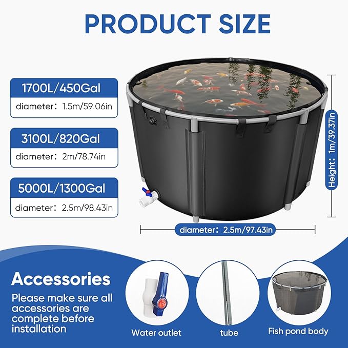 Canvas Fish Pond, 1300 Gallon Capacity Koi Pond, Foldable PVC Outdoor Fish Tank, Round Goldfish Bowl, Above Ground Pond with Stabilizing Frame and Drain Valve for Koi Farming, Aquaculture