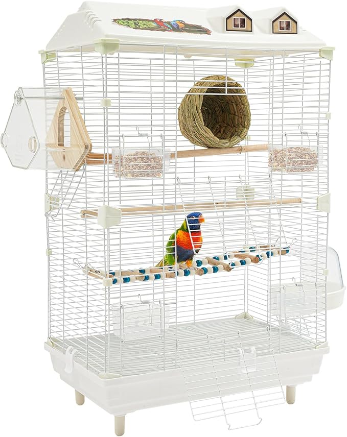 30 Inch Iron Bird Cage with Stand for Parakeets Cockatiels Conures Lovebirds Parrots, Two-Tier Metal Birdcage for Small to Medium Birds, Easy Access Double Doors