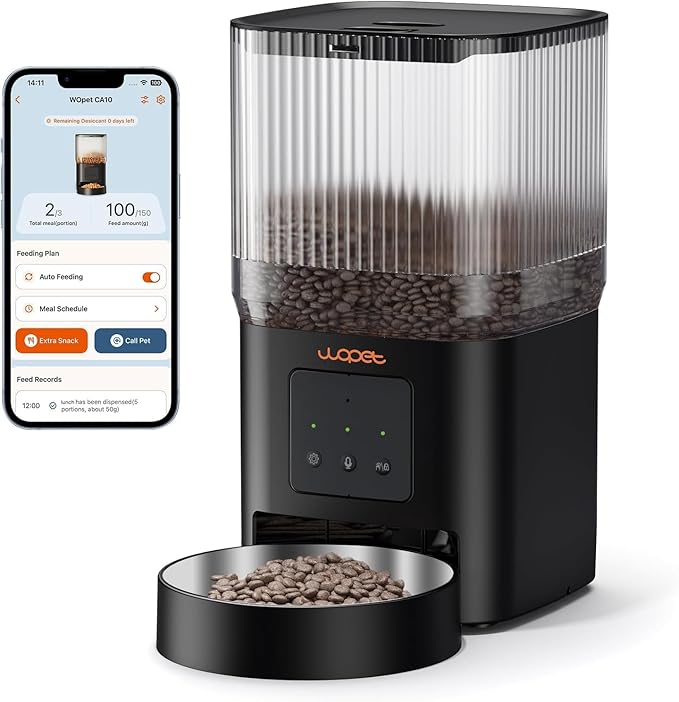 WOPET Automatic Cat Feeder, 5G WiFi Smart Pet Feeder for Dogs and Cats with APP Control, Low Food Sensor, 10s Voice Recorder, Up to 10 Meals Daily, Dual Power Supply, Timed Dog Food Dispenser
