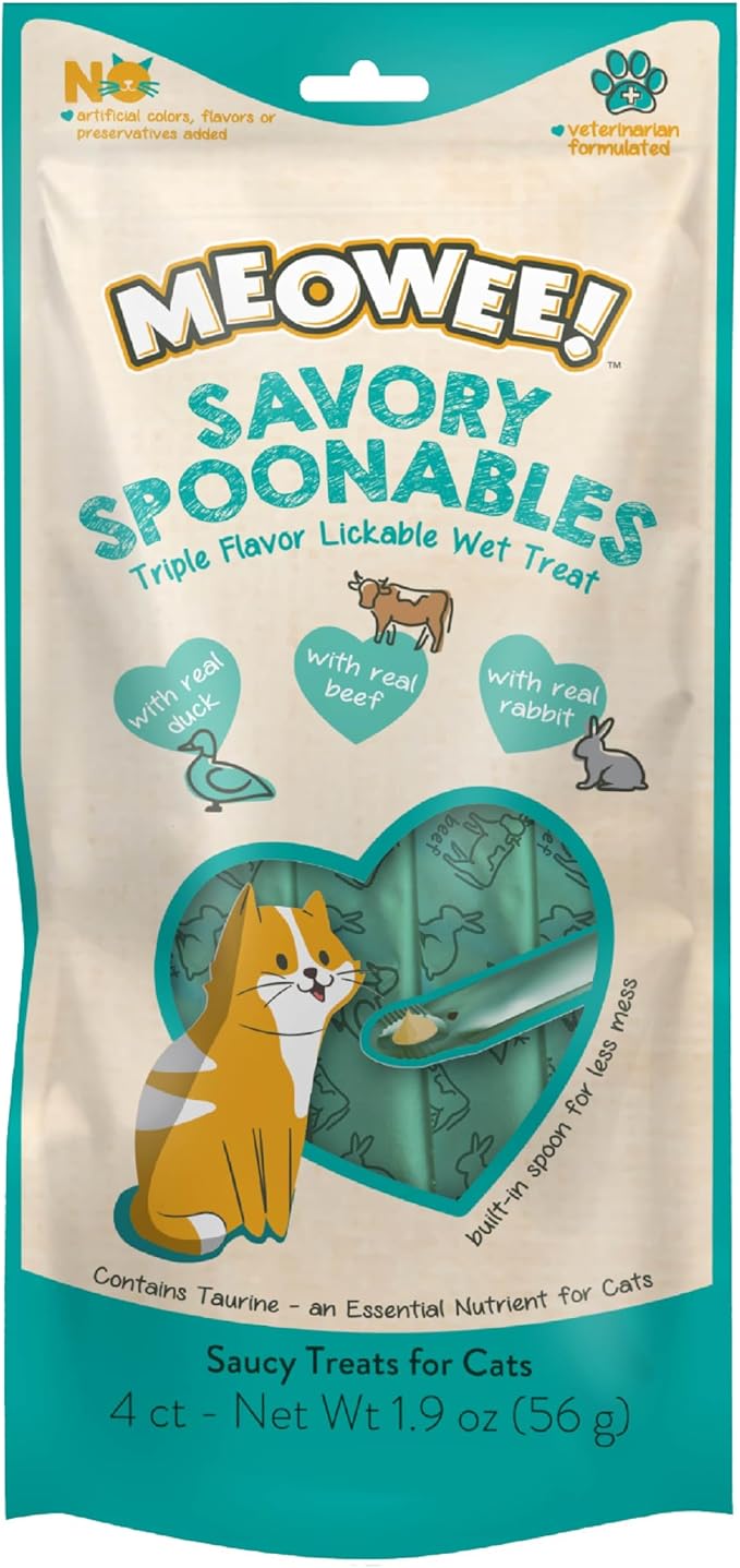 Savory Spoonables with Real Duck, Beef and Rabbit for Cats, 4 Count, Treat Your Cat to Triple Flavor Squeezable Lickable Wet Treats with Built-in Spoon for Less Mess (Pack of 2)