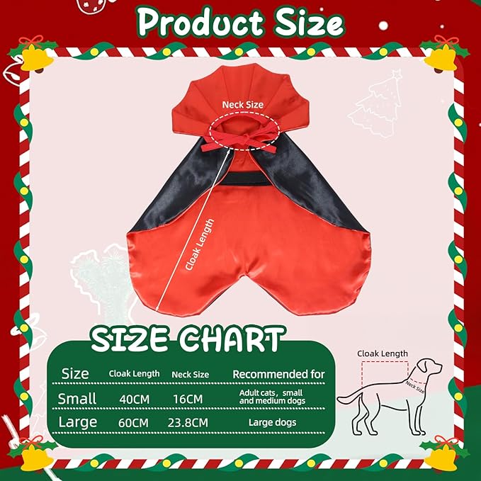 ROSAUI Halloween Pet Vampire Cape – Adjustable Red & Black Costume for Cats & Small Dogs 15.74″ Spooky Cloak with Stand-Up Collar Funny Halloween Pet Outfit (S Size)
