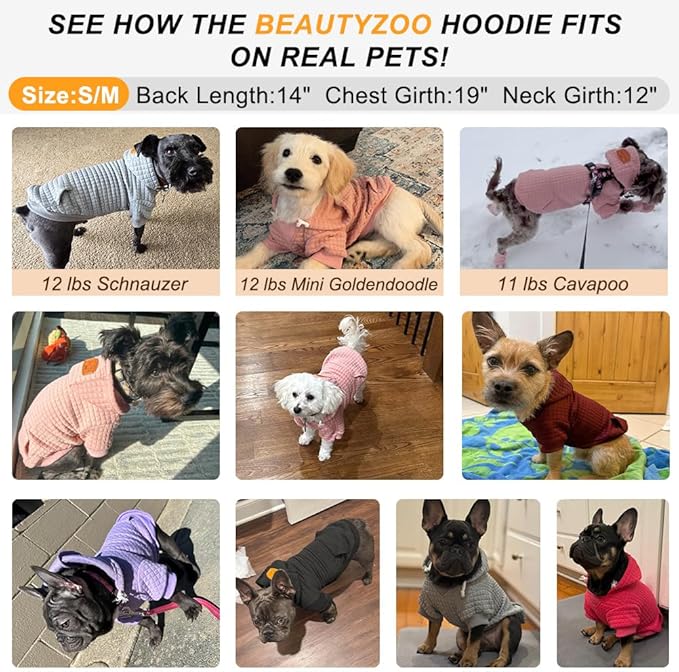 BEAUTYZOO Small Dog Hoodie Sweater with Pockets, Dog Clothes for Small Medium Dogs Boy Girl, Waffle-like Laminated Cotton Pet Coats with Hat and Leash Hole, All Weather Coat for Puppy Doggie Chihuahua