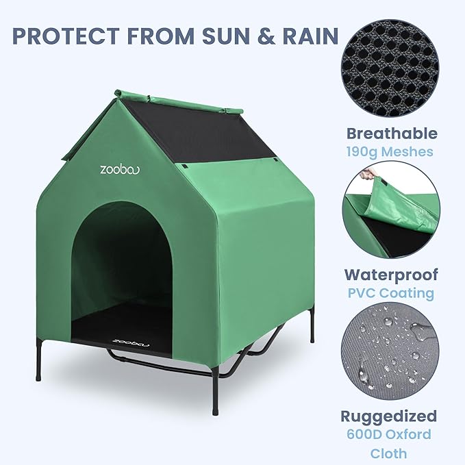 48" XL Outdoor Dog House – Weatherproof Elevated Pet Shelter, Breathable Mesh & Steel Frame, Easy to Assemble & Clean, Large Dog Houses for All Seasons (Green)