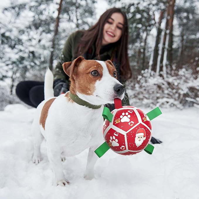 QDAN Small Christmas Dog Toys, Soccer Ball with Straps, Outdoor Interactive Toys for Tug of War, Puppy Birthday Gifts, Water Toy, Durable Dog Balls for Puppy (5 Inch)