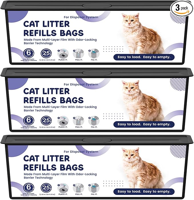 Cat Litter Easy Roll Refill Bags Cartridge Compatible with Litter Cat Genie Easy Roll Pail Refills, Odor Control, 3-Packs (75 Bags)