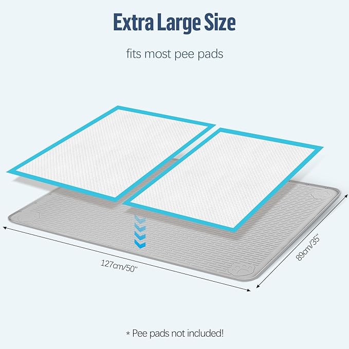 Pee Pad Holder for Dogs, 50" x 35" Silicone Pee Tray Mat Leak-Proof, High Edge, No Spill Pet Pad Holder for Puppy, Cat, Rabbit, Training Pads for Floor Protection, No Pee Pads (Light Grey)