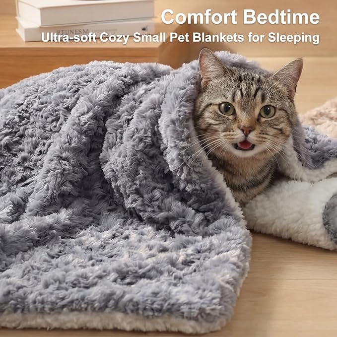 Cat Blanket for Indoor Cats - Ultra Thick 460GSM Faux Rabbit Fur & 260GSM Sherpa, Small Pet Throw for Carrier, Crate & Couch Protection, Soft Thermal Kitten Bedding, 21"x18" Grey
