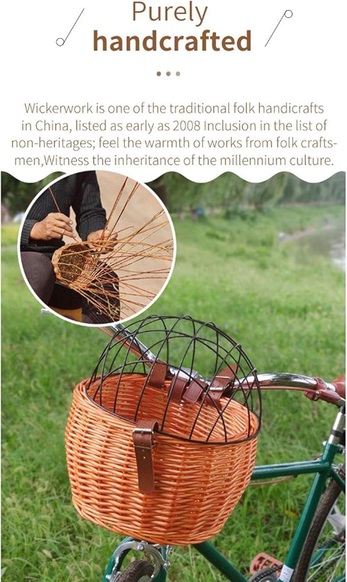 Wicker Bike Basket for Small Dogs Cats Pet Carrier Bicycle Front Basket with Wire Mesh Cover, 30*25cm
