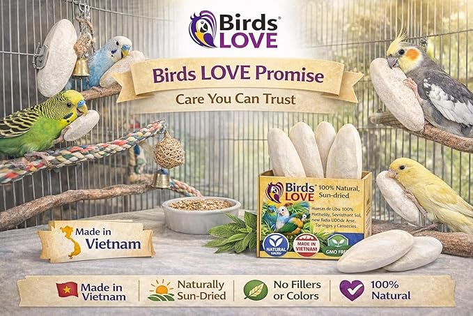 Birds LOVE 3.5-4″ Cuttlebones for Birds – 100% Natural Sun-Dried Calcium & Beak Conditioning Supplement for Parakeets, Budgies, Cockatiels, Finches & Canaries – 4 Pack with Holder – Made in Vietnam