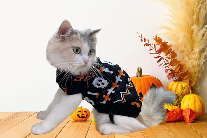 Vehomy 2Pcs Pet Halloween Sweaters Dog Halloween Pumpkin Sweater Kitten Cat Holiday Theme Turtleneck Knitwear Shirt with Pumpkin Skull Patterns Dog Puppy Halloween Costume Clothes for Small Dogs XS
