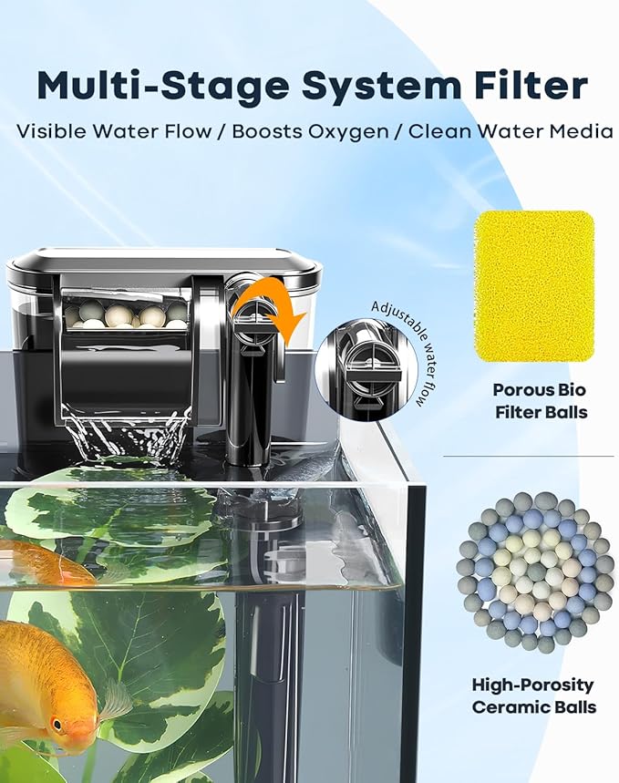 Desktop Small Aquarium Set Glass Fish Tank 1.25 Gallon, Heater Water Pump Filter Bright LED Light Gravel Cleaning Tool, Starter Kit Small Space Easy Setup Space-Saving Design Betta Shrimp