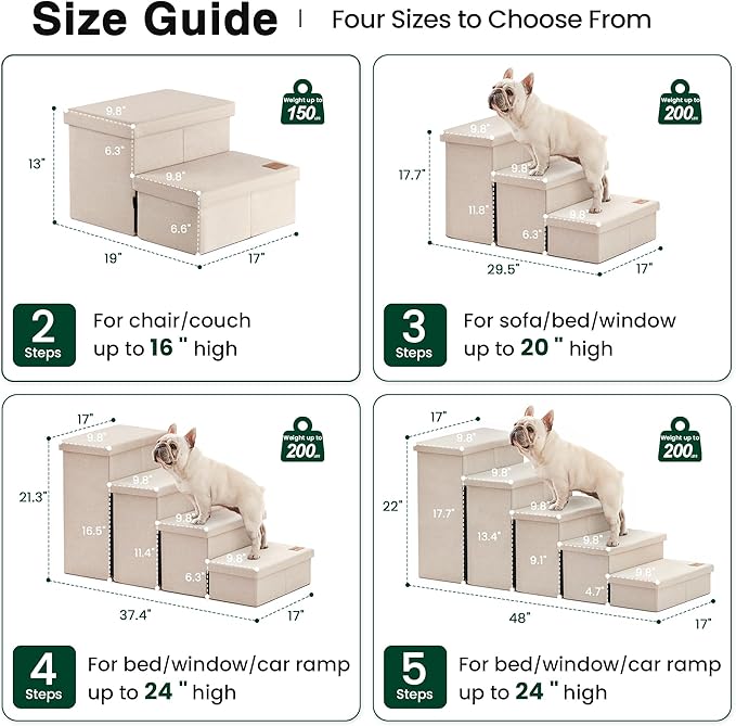 Love's cabin Dog Stairs with Storage 13" H, Foldable Pet Stairs for Small Medium or Large Dogs, Cat Puppy Steps Ramp with Zip up to 150 lbs, Beige, 2 Steps