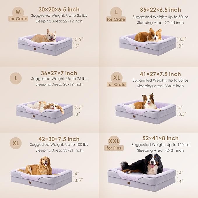 EHEYCIGA Orthopedic Dog Bed for Medium Dog, 30x20x6.5 Inch Memory Foam Dog Couch Bed with Sides, Waterproof Liner & Washable Removable Cover, Bolster Pet Sofa, Purple