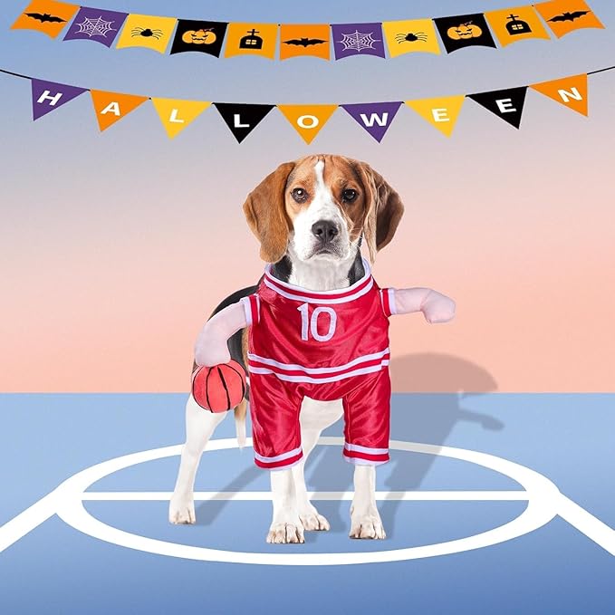 DELIFUR Dog Basketball Player Costume - Pet Halloween Costume Adjustable Funny Dress Up Sports Outfit Cosplay Clothes for Small Medium Dog (Red Basketball, Large)