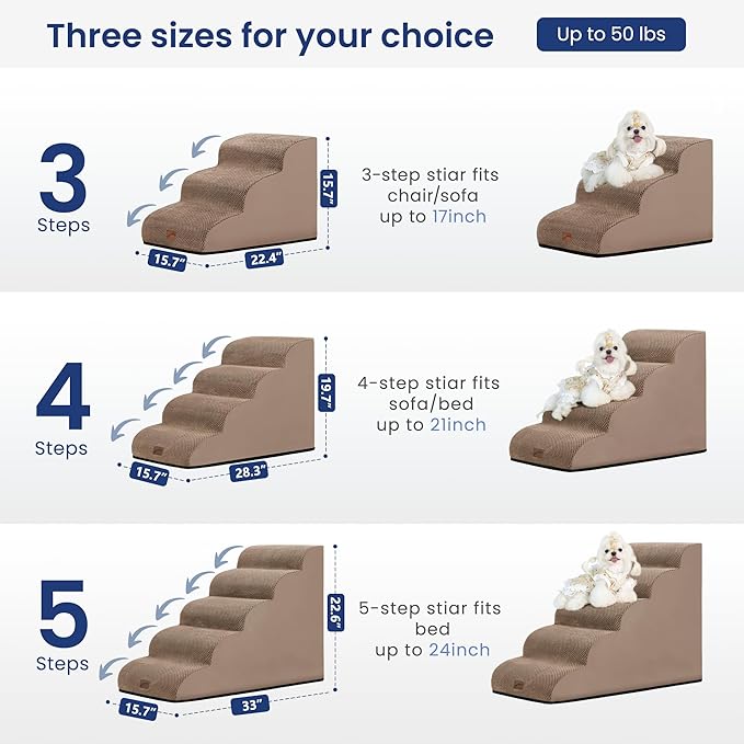 gogobunny Ramp Cat Dog Stairs for Beds, Cat Slope Stairs with Durable Waterproof Fabric Cover, Pet Steps for Old Large Dogs Climbing (Camel, 5-Step (33" D x 15.7" W x 22.6" H), 5.0)