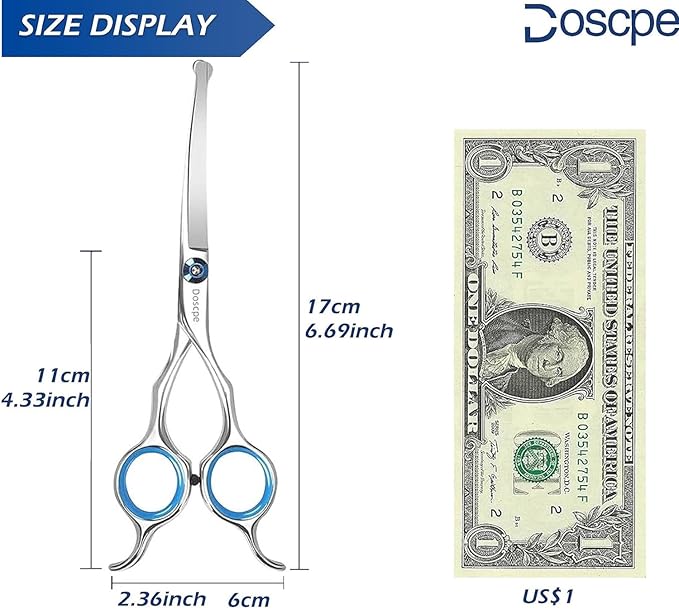 Curved Dog Grooming Scissors 6.69 inches Round Tips Pet Grooming Shears for Dog Cat on Face Paw Hair Trimming Right Left Handed