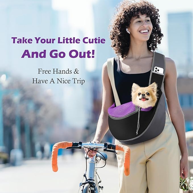 Pawaboo Dog Sling Carrier, Hand Free Breathable Mesh Bag for Puppy Cat, Drawstring Dog Papoose with Adjustable Strap and Pocket, Crossbody Satchel Dogs Purse for Outdoor Travel, M, Deep Purple