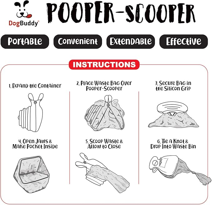 DogBuddy Pooper Scooper, Portable Dog Pooper Scooper, Poop Scooper for Small and Large Dogs, Pooper Scooper with Bag Attachment, Leash Clip and Dog Waste Bags Included (Medium, Pink)