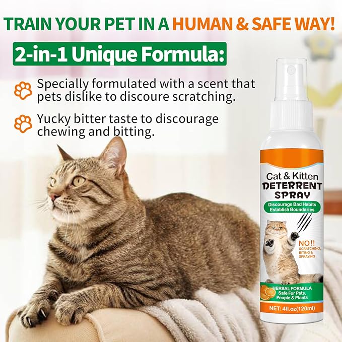 Cat Deterrent Spray for Indoor & Outdoor - Natural Repellent to Prevent Scratching & Urine Marking on Furniture, Sofas, Rugs, Curtains - Safe Cat Behavior Training Aid with Natural Ingredients 4 fl oz