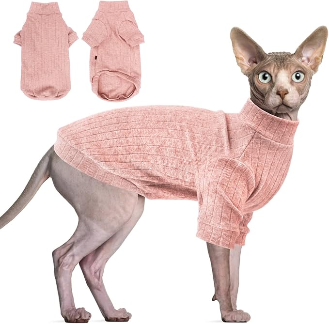 Idepet Sphynx Hairless Cats Sweater Shirt Kitten Soft Puppy Clothes Pullover Cute Cat Pajamas Jumpsuit Cotton Apparel Pet Winter Turtleneck for Cats and Teacup Chihuahua(2 Pack-Blue&Pink,XL)