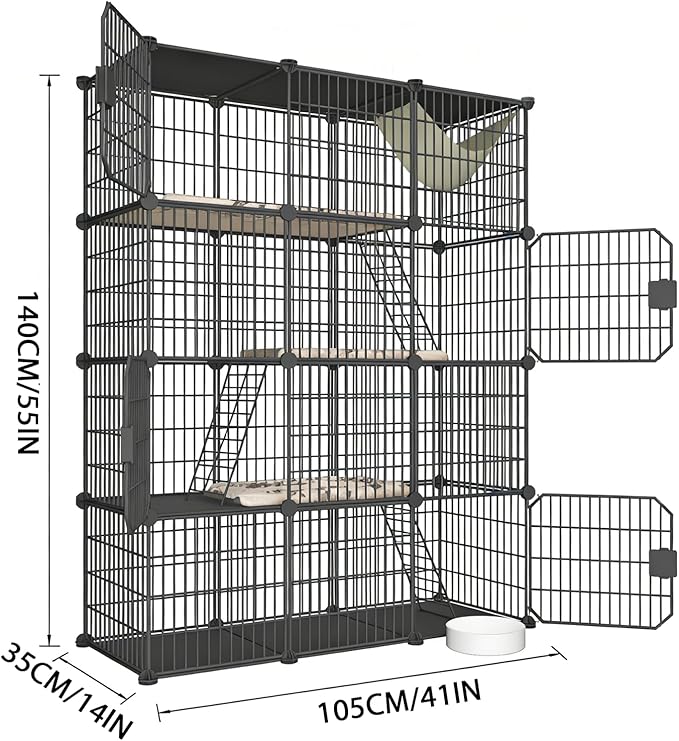 Large 4-Tier Cat Cage Indoor, DIY Cat Enclosures Detachable Metal Wire, Indoor Cat Crate Exercise Place Ideal for Kitty, Small Animals (Black, 41" L x 14" W x 55" H, 7)