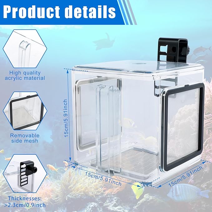 Fish Breeding Box, Fish Isolation Box, Acrylic Fish Isolation Hatchery Tank, Hanging Aquarium Fish Incubator Box with Detachable Mesh Lid for Baby Fish Guppy Betta Newborn Fish Shrimp 5.9x5.9x5.9