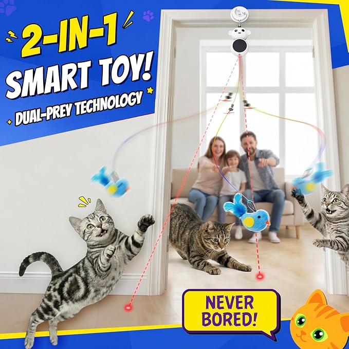 Interactive Cat Toys for Indoor Cats - 2 in 1 Automatic Laser Pointer Cat Toy with Feather Flying Bird，Smart Moving Mouse Wand Toy, Auto On/Off Hanging Toys for Bored Kitten & Adult Cats(Grey)
