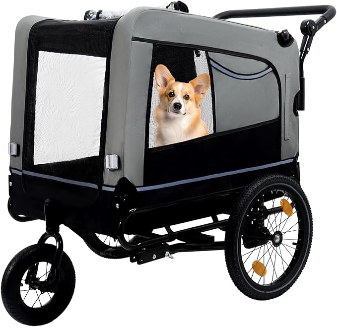 Extra Large 2-in-1 Bike Trailer & Push Cart for Pets - Detachable Bike Hitch & Push Handle Included - All-Terrain Wheels Quick Release, Non-Slip Floor, Internal Leash, Up to 88 lbs