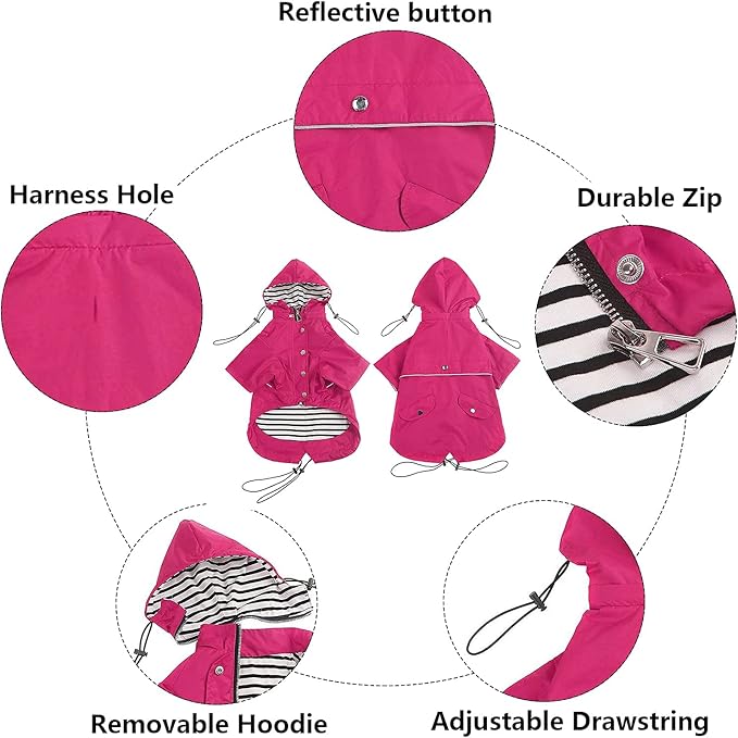 Morezi Dog Zip Up Raincoat with Reflective Buttons, Rain/Water Resistant, Adjustable Drawstring, Removable Hood, Raincoats with Legs 8lbs to 80lbs Available - Pink - XXL