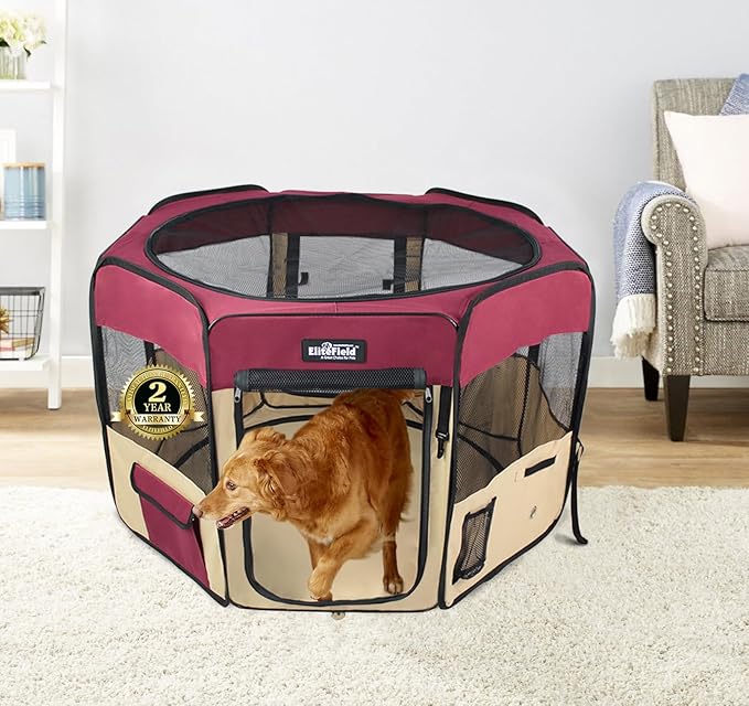 EliteField 2-Door Soft Pet Playpen (2 Year Warranty), Exercise Pen, Multiple Sizes and Colors Available for Dogs, Cats and Other Pets (62" x 62" x 36"H, Maroon+Beige)