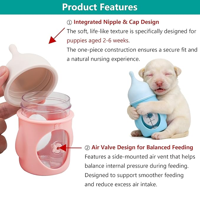 Puppy Nursing Bottle Medium/Large 80ml, Silicone Nipple Feeding Bottle for Newborn Puppies (2–6 Weeks), Blue