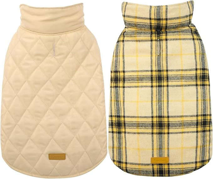 Kuoser Warm Dog Coat, Waterproof Dog Jacket for Extra Large Dogs, Adjustable Durable XL Doggie Winter Coat Reversible Cozy Puppy Cold Weather Apparel from Small to Large Breed, Yellow XL