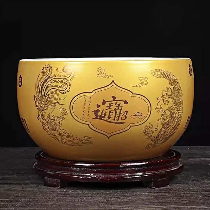 Fish Tank Treasure Bowl Ceramic Fortune Fish Tank Desktop Ceramic Small Treasure Bowl Turtle Feeding Bowl Aquarium(Gold,21x13cm)