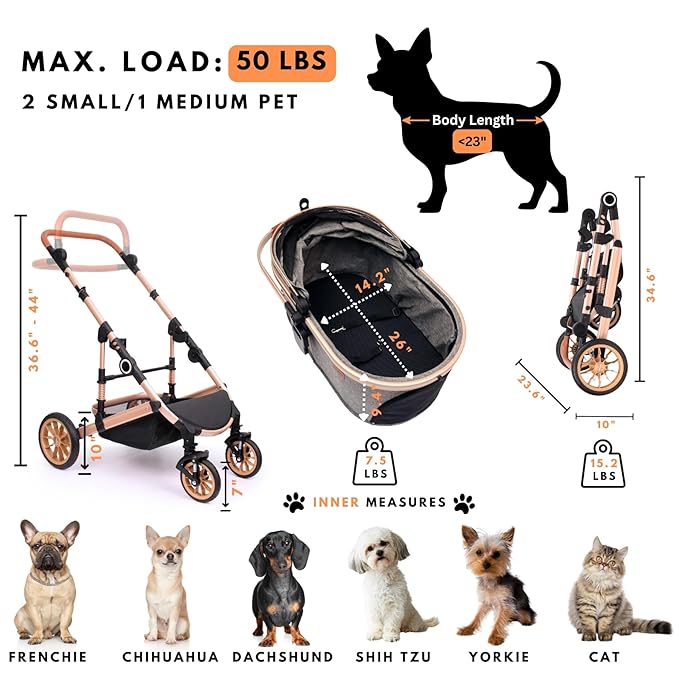Pet Stroller for Medium Dogs, Smooth-Ride Dog Stroller with Detachable Carrier, Rubber Wheels, Car Seat Combo 3-in-1, Up to 50 lbs, for Senior Dogs & Cats, Tan
